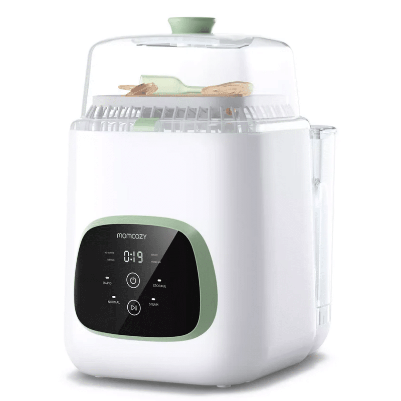 Momcozy KleanPal Pro Baby Bottle Washer, Sterilizer and Dryer in white and green with digital display and sterilizing basket.