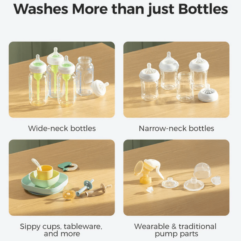 Momcozy KleanPal Pro Baby Bottle Washer, Sterilizer and Dryer, showcasing various bottle types and accessories on a wooden