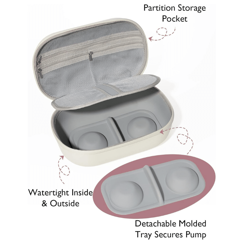 Momcozy Breast Pump Bag in cream, featuring a detachable molded tray and partition storage pocket for organized, hands-free