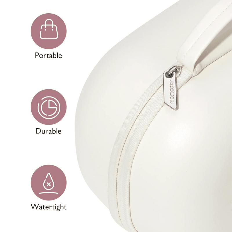 Momcozy Breast Pump Bag in white, featuring a durable, watertight design with a zip closure for hands-free pump storage.