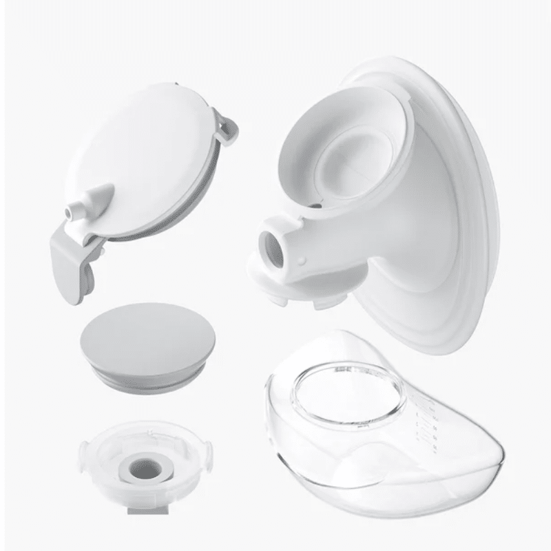 Momcozy Milk Collection Container Set for M9-24mm in white, featuring various container components and a suction lid.
