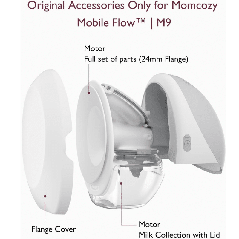 Momcozy Milk Collection Container Set for M9-24mm, featuring a detailed view of the motor and flange cover components.