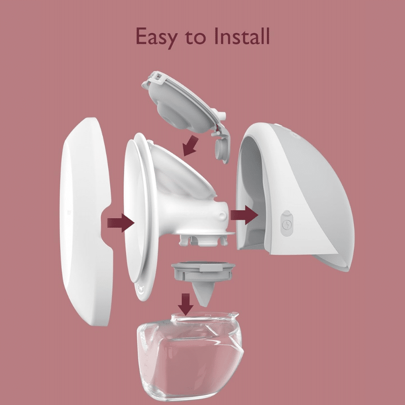 Momcozy Milk Collection Container Set for M9-24mm, showing easy installation components in a detailed layout on a pink