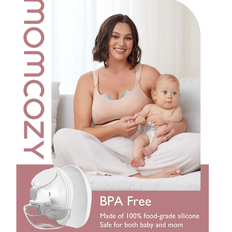 Momcozy Milk Collection Container Set for M9-24mm, BPA-free silicone, shown with a mom and baby in a cozy indoor setting.