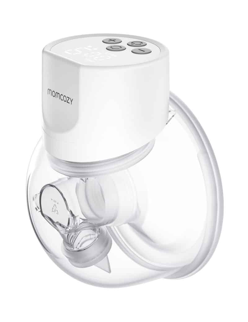 Momcozy Breast Pump S12 Pro in white with a clear collection cup, showcasing its compact design and control buttons.
