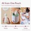 Momcozy Disposable Baby Bottle Kit showing three stages: storing, heating, and feeding with a bottle in use.