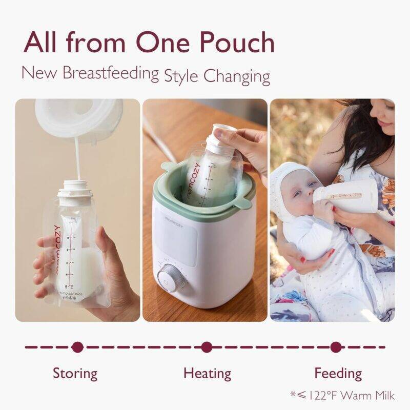 Momcozy Disposable Baby Bottle Kit showing three stages: storing, heating, and feeding with a bottle in use.