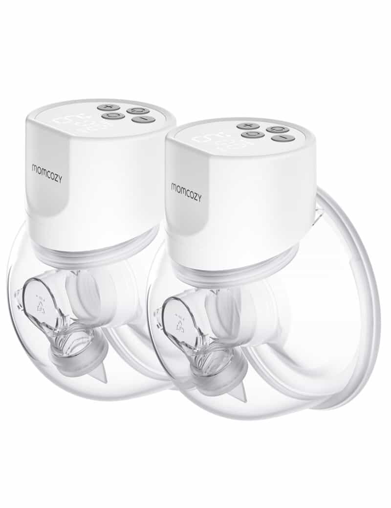 Momcozy Breast Pump S12 Pro in white with transparent collection cups, showcasing a sleek design and user-friendly controls.
