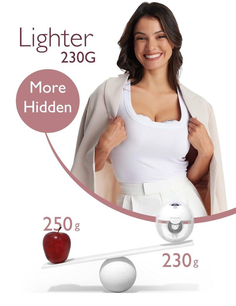 Momcozy M5 Single Wearable Electric Breast Pump in Cozy Red, showcased by a smiling woman, highlighting its lightweight