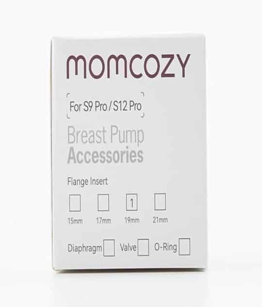 Momcozy Flange Insert box for S9 Pro/S12 Pro, featuring sizes 15mm, 17mm, 19mm, and 21mm for breast pump accessories.