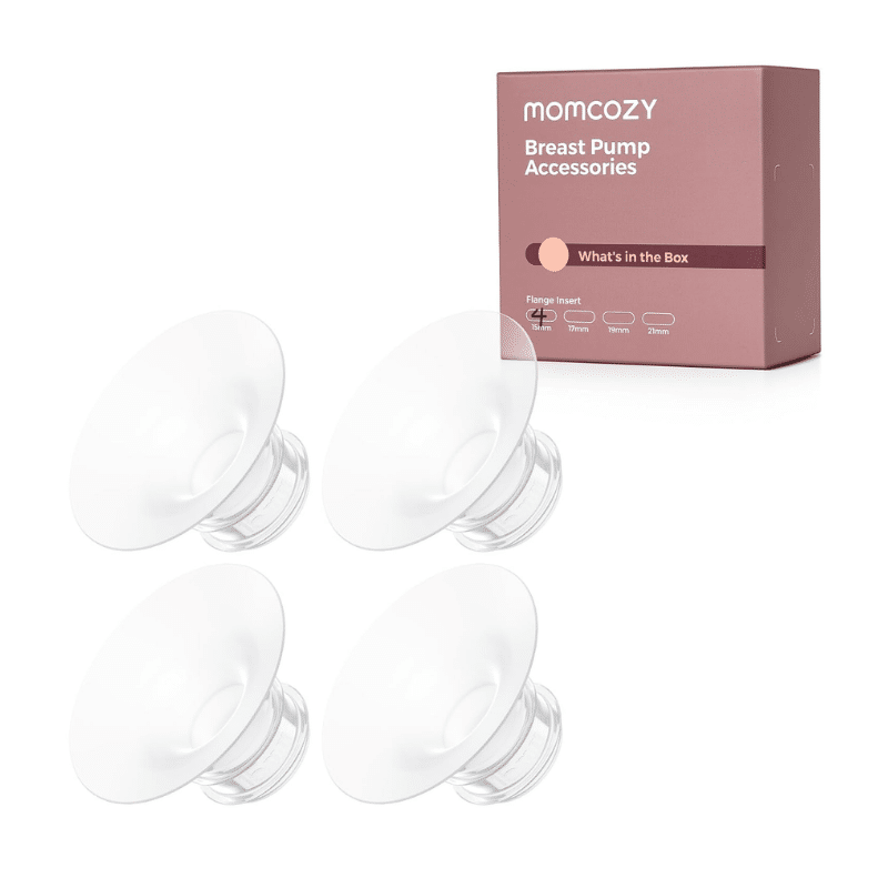 Momcozy Flange insert four pack for M5 M6 M9, includes sizes 15mm, 17mm, 19mm, and 21mm, clear design with box packaging.