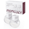 Momcozy S12 Double-Sealed Wearable Breast Pump in a box, featuring two transparent collection cups with white tops.
