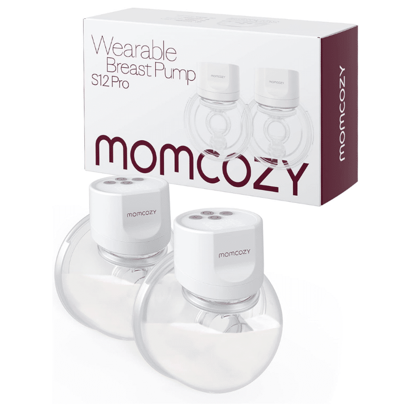 Momcozy S12 Double-Sealed Wearable Breast Pump in a box, featuring two transparent collection cups with white tops.