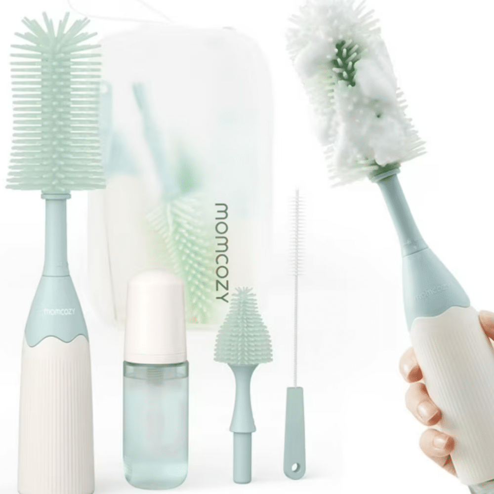 Momcozy Bottle Brush Kit in mint green, featuring a large brush, small brush, cleaning wand, and storage pouch.