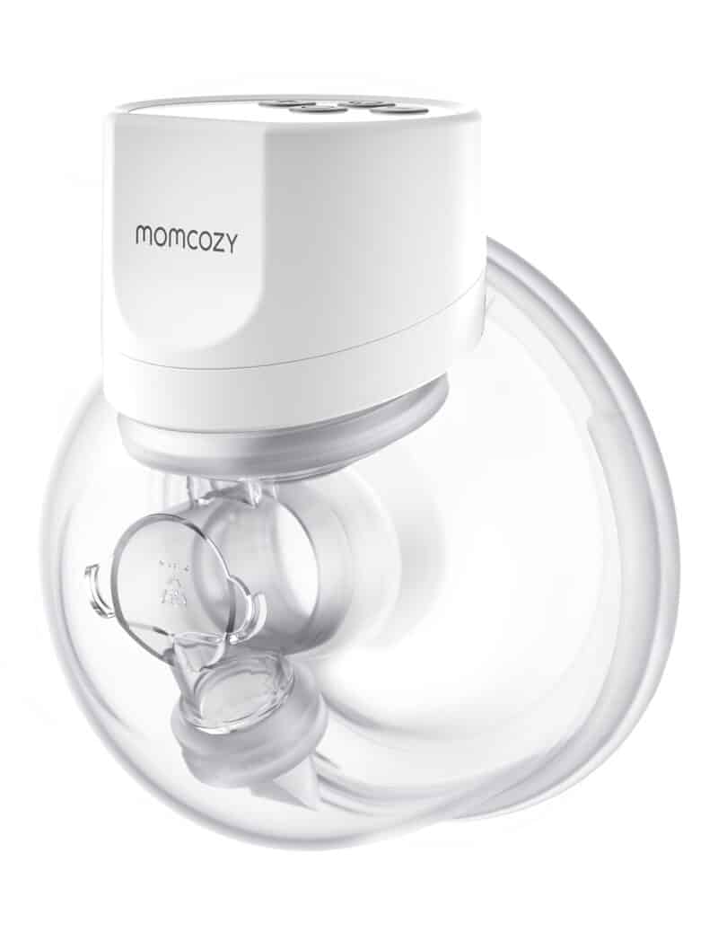 Momcozy Breast Pump S12 Pro in white, showcasing a clear collection cup and ergonomic design for comfortable use.