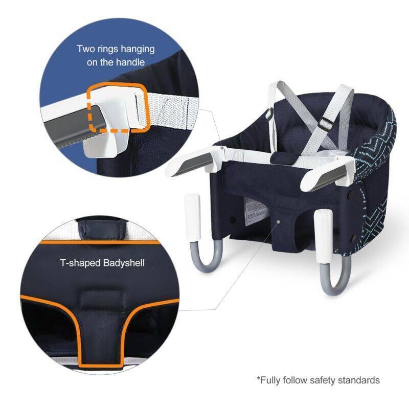 Momcozy Mtwml Portable High Chair in navy with T-shaped bodyshell and two rings on the handle for easy carrying.
