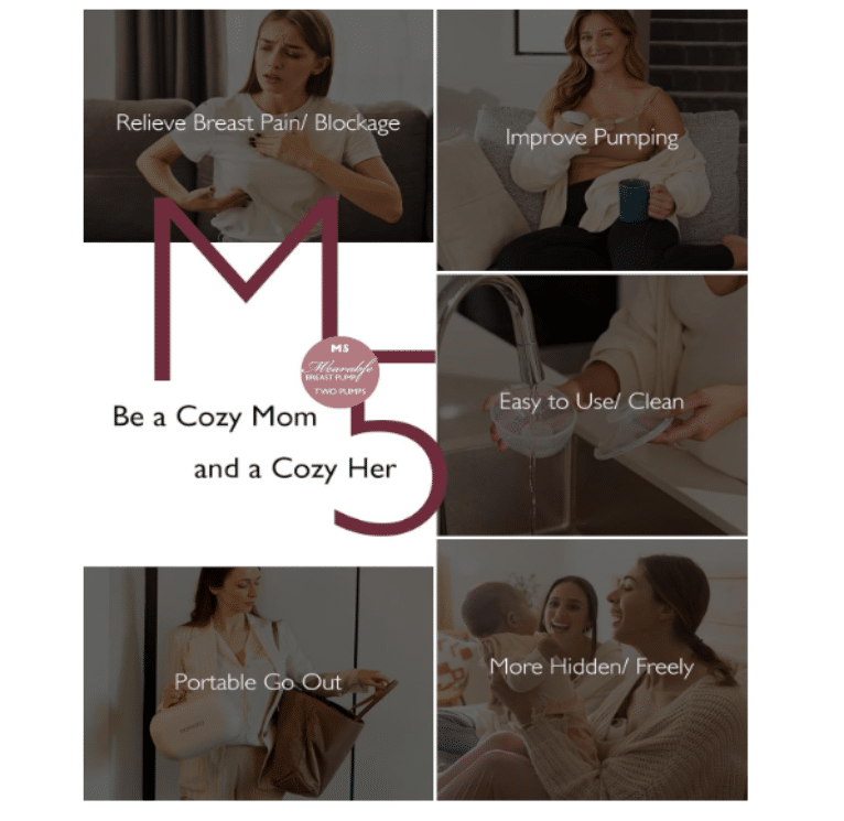 Momcozy M5 Wearable Electric Breast Pump in Cozy Red, showcasing features like portability and ease of use in a lifestyle