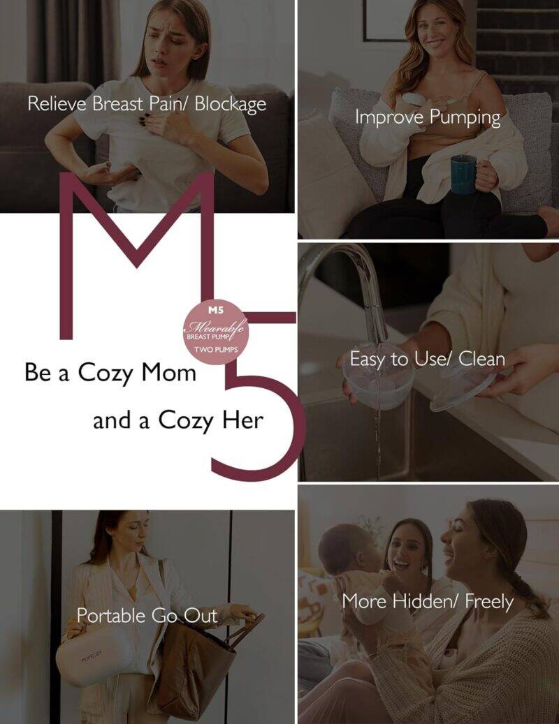 Momcozy M5 Single Wearable Electric Breast Pump in Cozy Red, showcasing its hands-free design and user-friendly features.