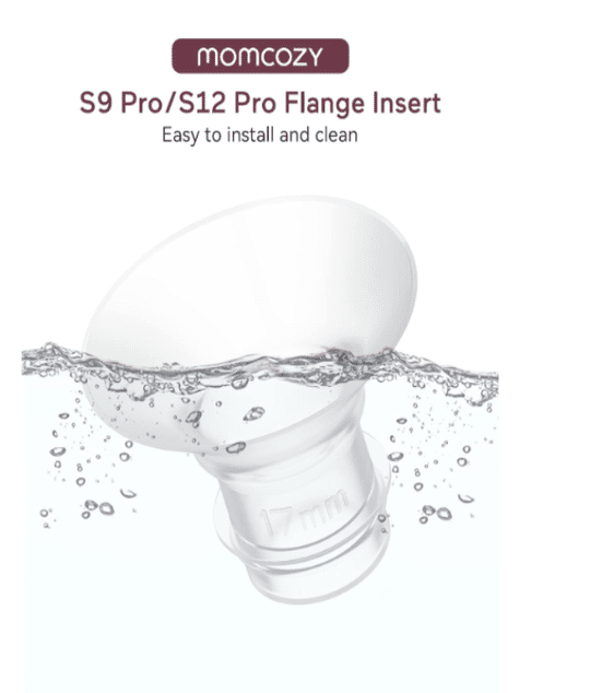 Momcozy Flange Insert for S9 Pro/S12 Pro, 17mm size, shown submerged in water to highlight easy cleaning.