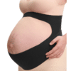 Momcozy Pregnancy Belly Band in black, worn by a pregnant woman, providing support with a cut-out design for comfort.