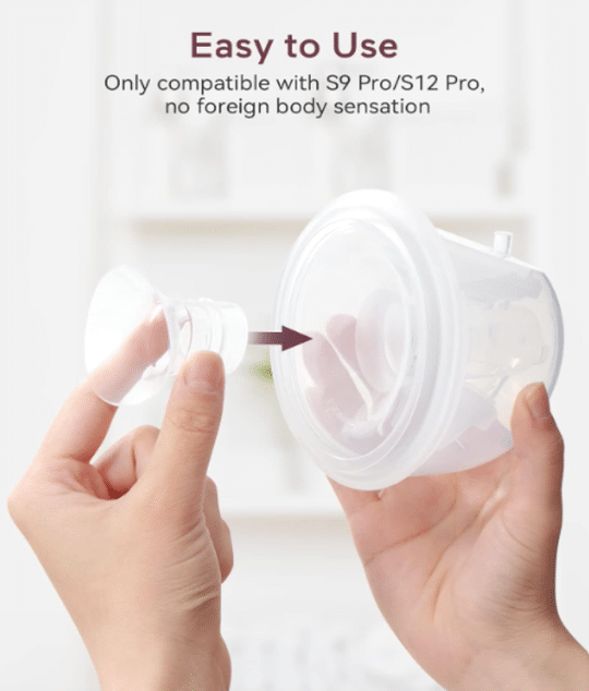Momcozy flange insert for S9 Pro/S12 Pro, shown being attached, highlighting its easy-to-use design. Available in 17mm