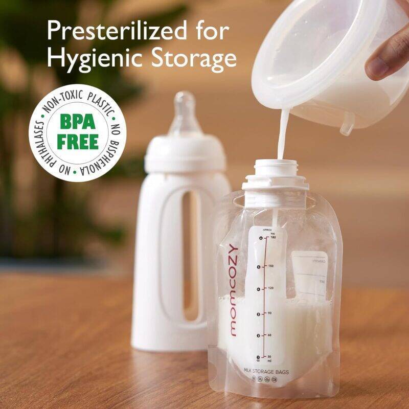 Momcozy Disposable Baby Bottle Kit showing a hand pouring milk into a presterilized storage bag, emphasizing hygienic use.