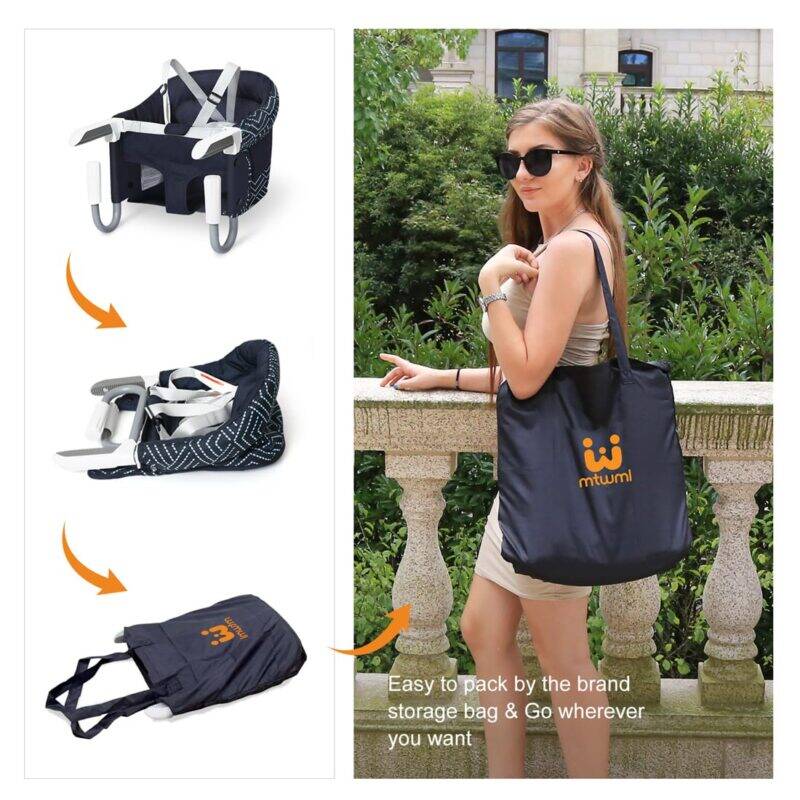 Momcozy Mtwml Portable High Chair in black, shown being carried in a tote bag for easy transport.