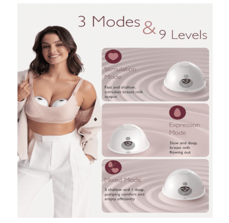 Momcozy Wearable Electric Breast Pump M5 in Cozy Red, showcasing three modes and nine levels for efficient pumping.