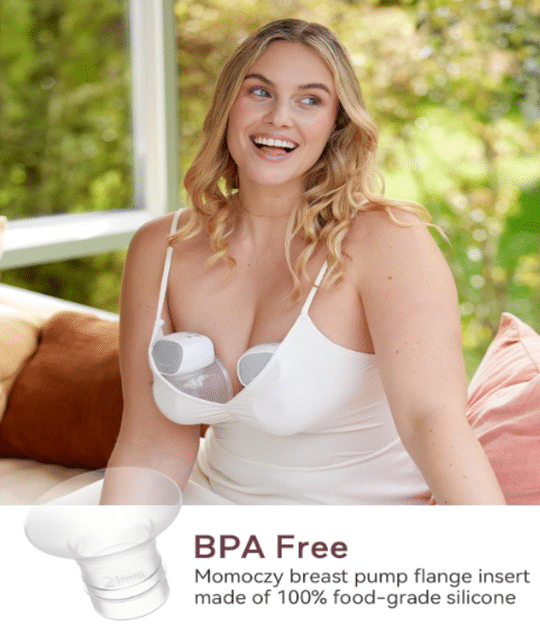 Momcozy flange insert in use, featuring a smiling woman wearing a white top, showcasing the 100% food-grade silicone