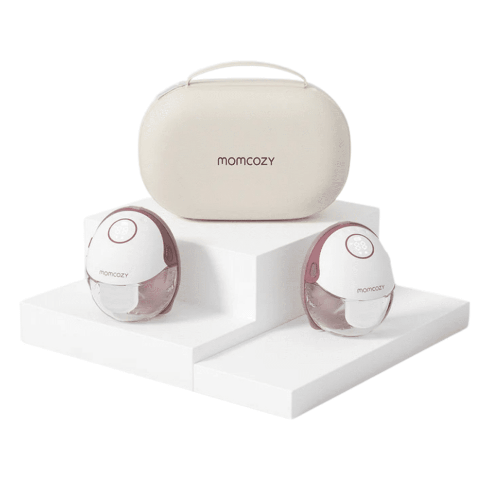 Momcozy M6 Double Wearable Hands-free Breast Pump in white and pink with a stylish storage case.