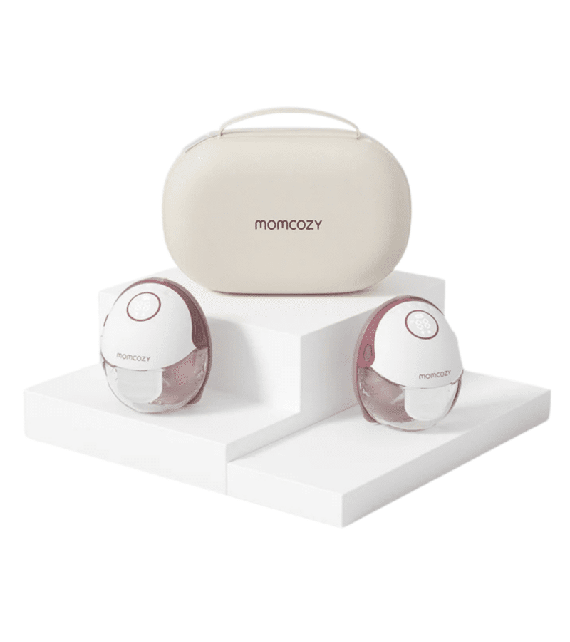 Momcozy M6 Double Wearable Hands-free Breast Pump in white and pink with a stylish storage case.