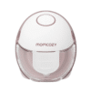 Momcozy M6 Double Wearable Hands-free Breast Pump in pink and white with a sleek, compact design for discreet pumping.