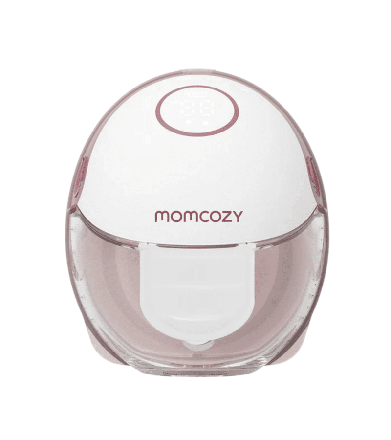 Momcozy M6 Double Wearable Hands-free Breast Pump in pink and white with a sleek, compact design for discreet pumping.