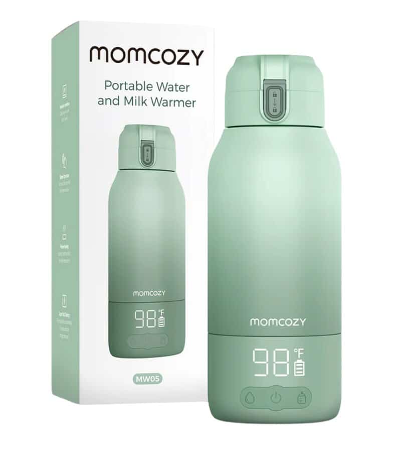 Momcozy Portable Breast Milk and Water Warmer in soft green with digital display, packaged in a matching box.