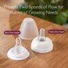 Momcozy Disposable Baby Bottle Kit featuring slow and medium flow nipples, displayed on a wooden surface with a soft