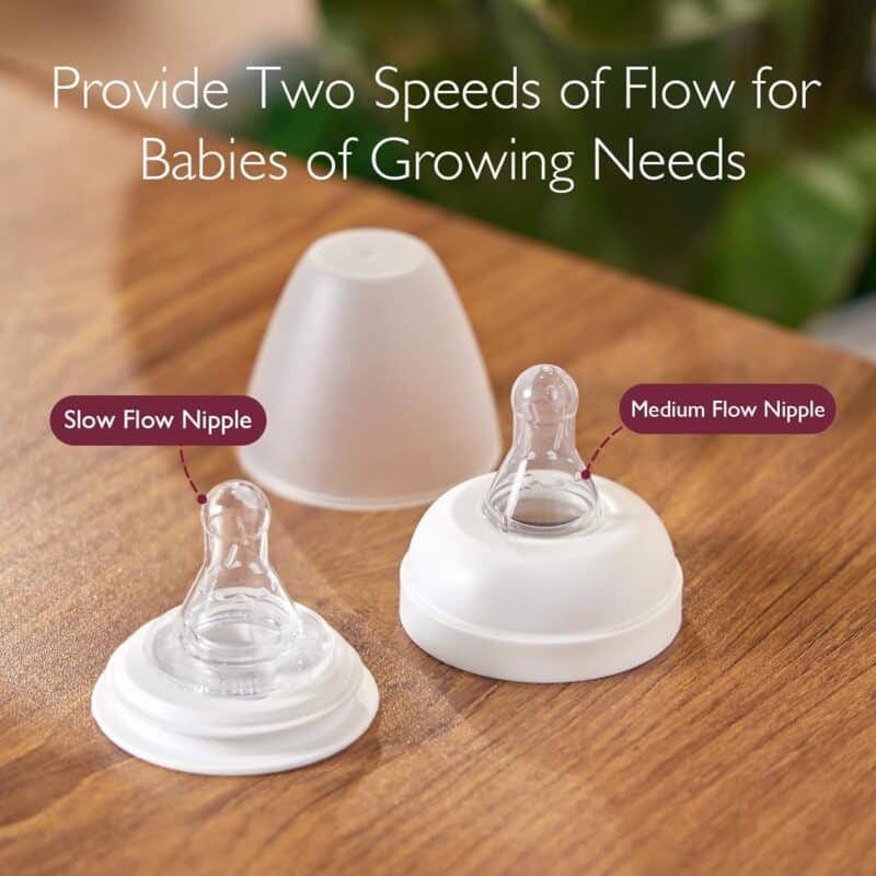 Momcozy Disposable Baby Bottle Kit featuring slow and medium flow nipples, displayed on a wooden surface with a soft