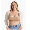 Momcozy Wearable Electric Breast Pump M5 in Cozy Red, worn hands-free under a cardigan, showing discreet design and comfort.