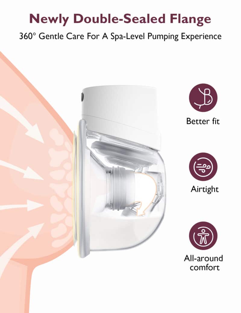 Momcozy Breast Pump S12 Pro with newly double-sealed flange for better fit and comfort, showcasing a side view detail.