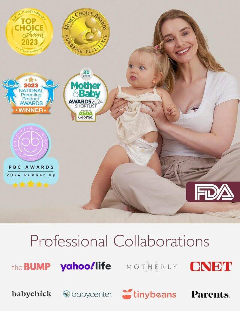 Momcozy Single Wearable Electric Breast Pump M5 in Cozy Red, shown in a lifestyle setting with a mother and baby.