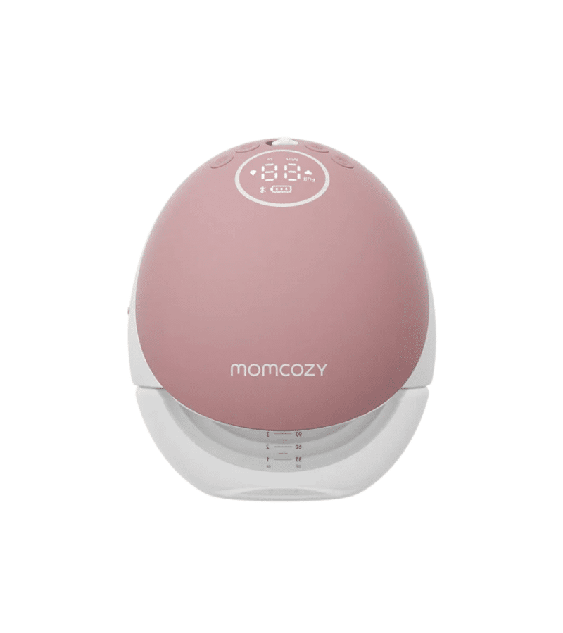 Momcozy M9 single wearable hands-free breast pump in soft pink with a sleek design and easy-to-use control panel.