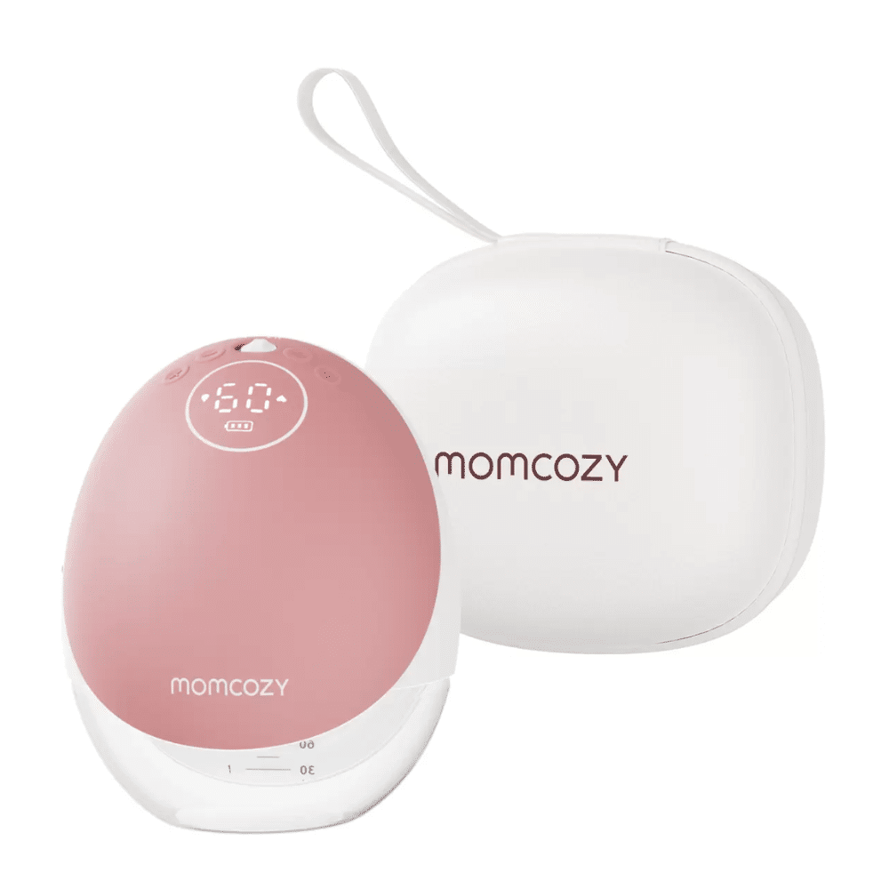 Momcozy Wearable Hands Free Mobile Flow Breast Pump M9 Single in pink with a white carrying case.