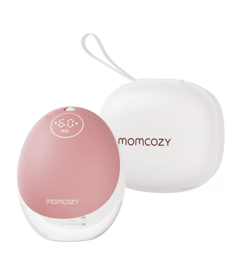 Momcozy Wearable Hands Free Mobile Flow Breast Pump M9 Single in pink with a white carrying case.