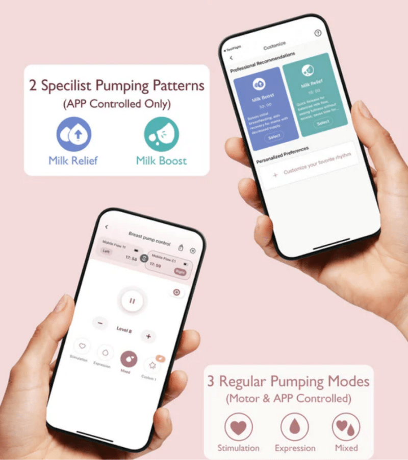 Momcozy M9 breast pump app interface showing controls for milk relief and boost with customizable settings.