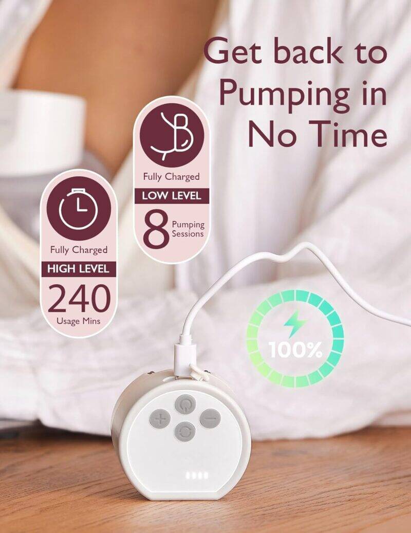 Momcozy Breast Pump S12 Double-Sealed with charging indicator, showing 100% battery and usage details in a cozy setting.