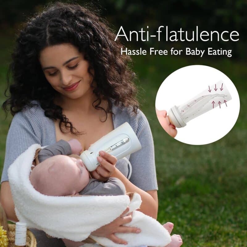Momcozy Disposable Baby Bottle Kit shown in use, with a mother feeding her baby outdoors, highlighting anti-flatulence