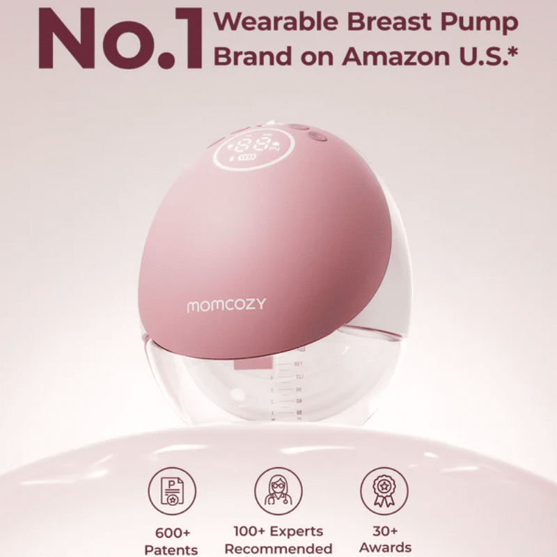 Momcozy Wearable Hands Free Mobile Flow Breast Pump M9 in pink, showcasing its sleek design and digital display.