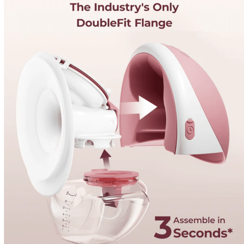 Momcozy M9 Double Wearable Breast Pump in pink and white, featuring a detachable DoubleFit flange for easy assembly.