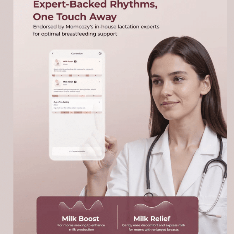 Momcozy M9 Double Wearable Breast Pump with mobile app interface, showcasing expert-backed rhythms for breastfeeding support.