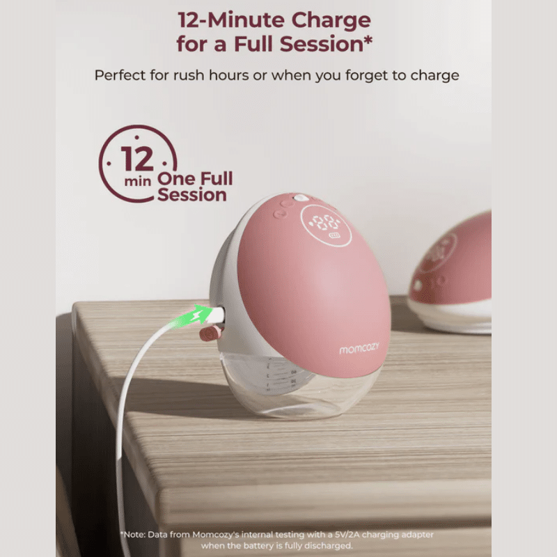 Momcozy M9 Double Wearable Breast Pump in pink, showcasing charging feature with a 12-minute charge for a full session.
