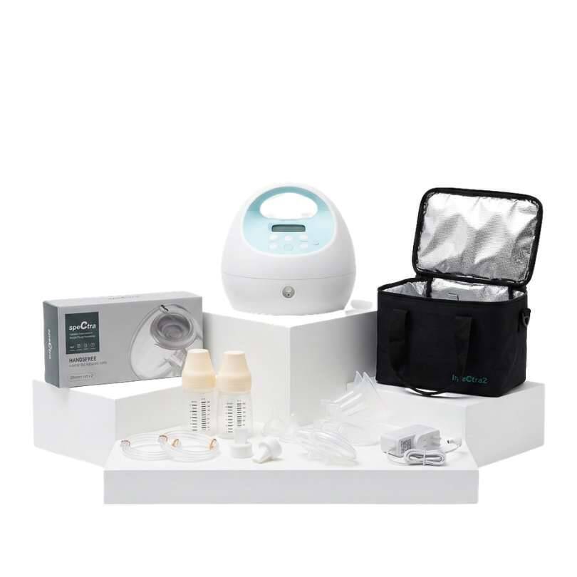 Spectra S1 Plus Full Pumping Starter Kit includes breast pump, bottles, accessories, and carrying bag in a sleek design.